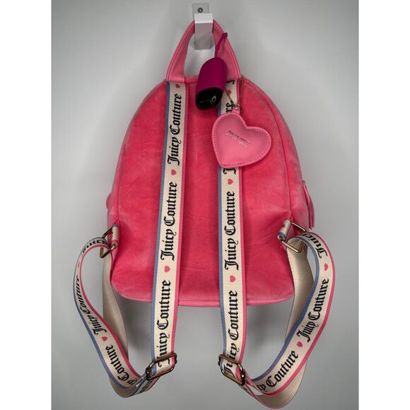 Juicy Couture Pink Velour Rhinestone Logo Backpack with Juicy heart  charm